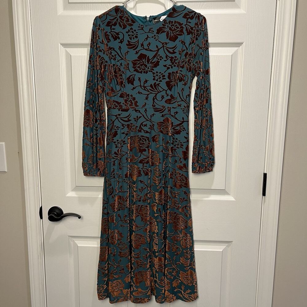 Piper & Scoot Velvet Midi Floral Dress Small Long Sleeve Blue/Brown Flowy Fairy